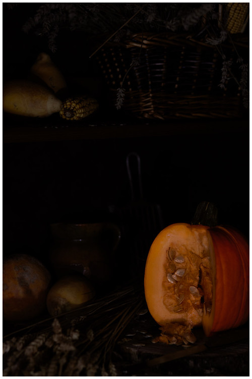 Calabaza - Fotografía de bodegón Fotografía de bodegón barroco con calabaza.